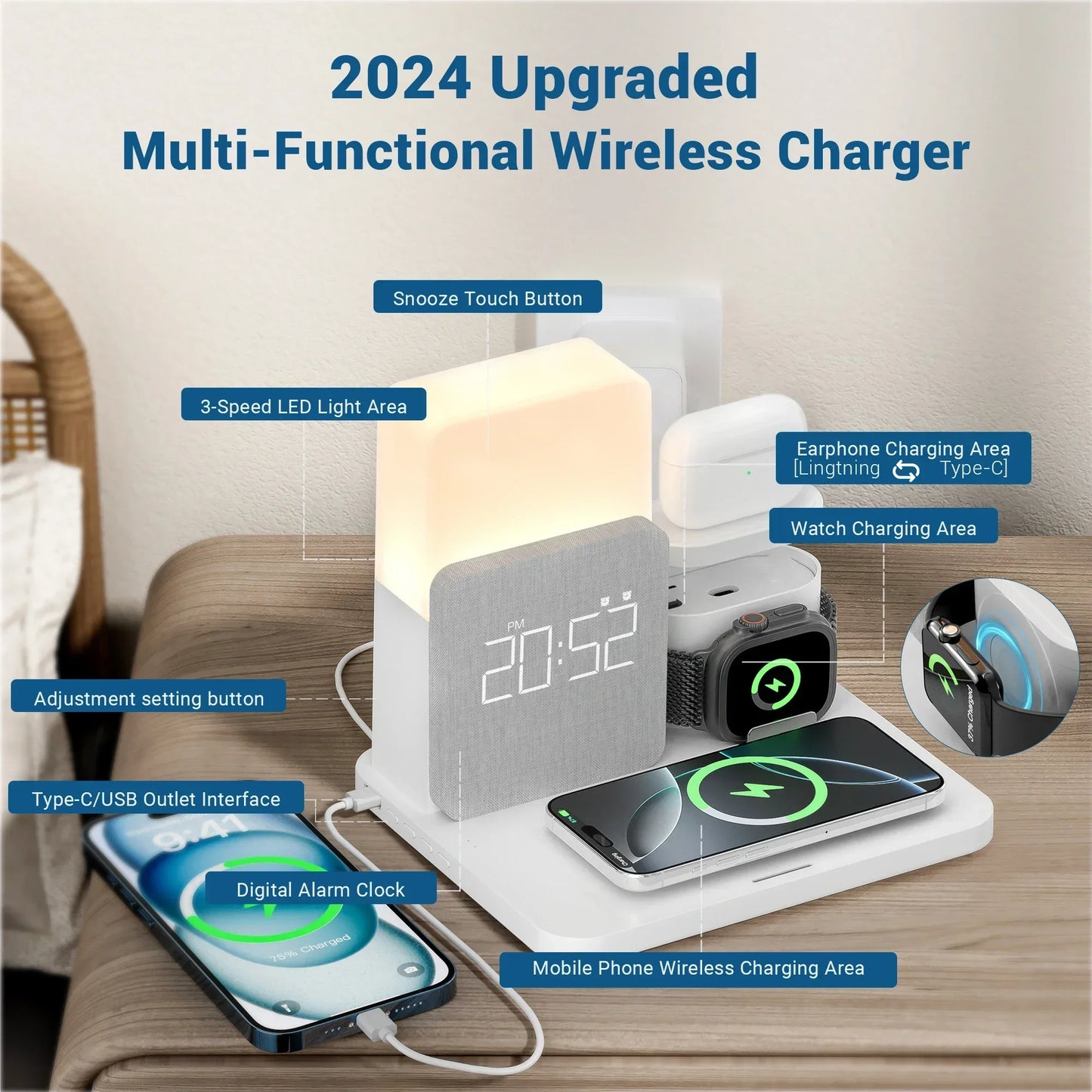 Sovere 4-in-1 Fast Wireless Charger with Adjustable Lamp and Alarm Clock