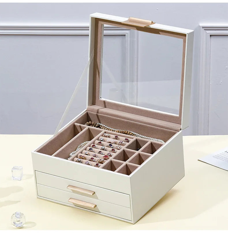 Novara White 3-Tier Jewelry Box Organizer with Glass Top, 19 Compartments & Velvet Lining
