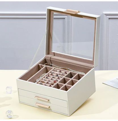 Novara White 3-Tier Jewelry Box Organizer with Glass Top, 19 Compartments & Velvet Lining
