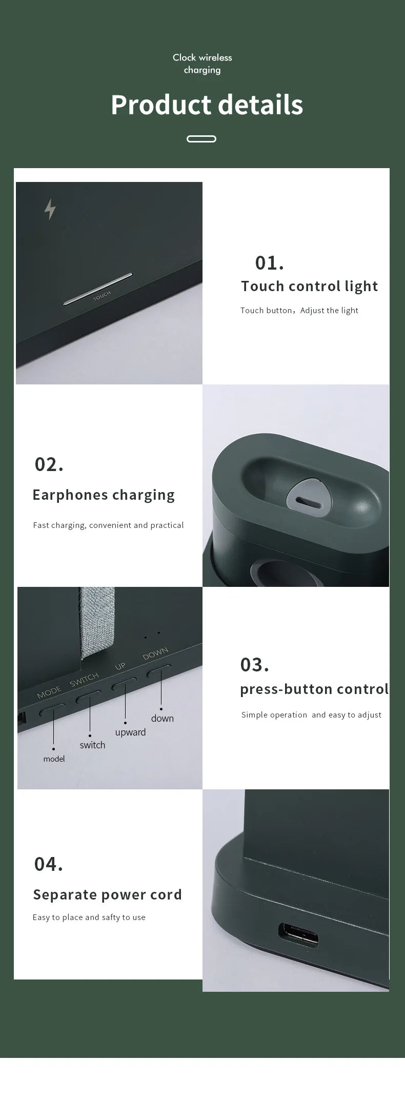 Sovere 4-in-1 Fast Wireless Charger with Adjustable Lamp and Alarm Clock