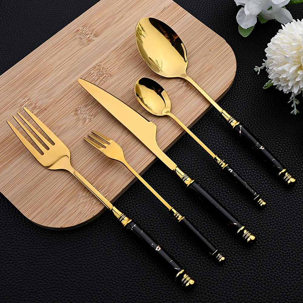 Novara Gold Accent Marbled Handle Stainless Steel Elegant Flatware Set
