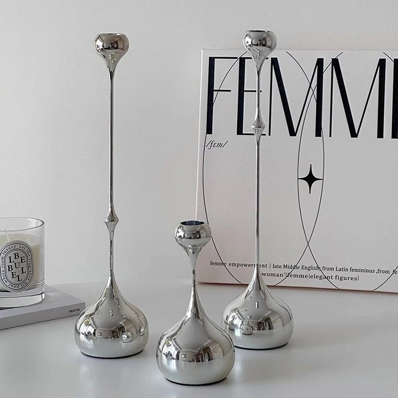 Royeva Modern Silver Candlestick Holder-Elegant Metal Taper Candle Stand Decor