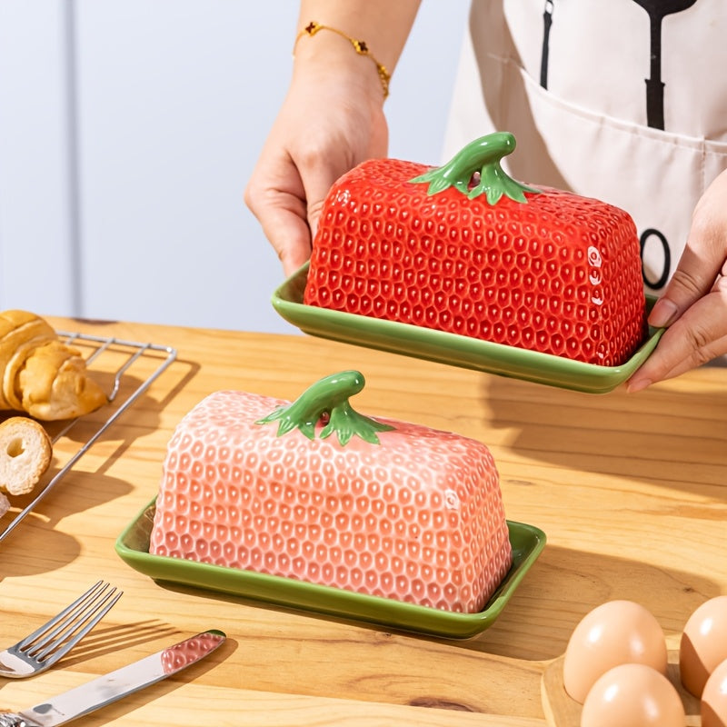 Sovere Ceramic Butter Dish with Lid, Strawberry Design for Fresh Butter Storage 1