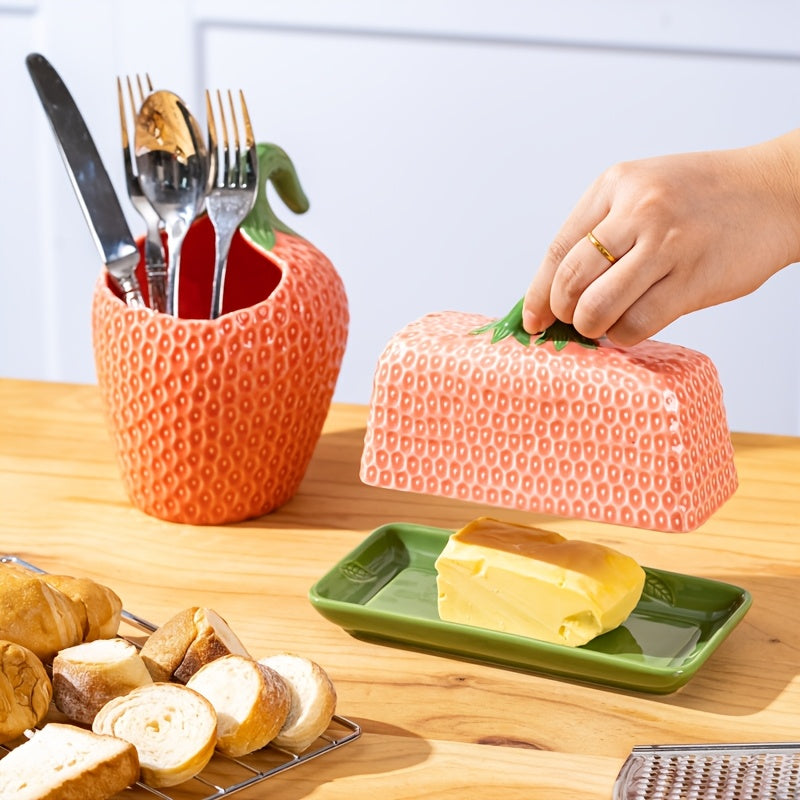 Sovere Ceramic Butter Dish with Lid, Strawberry Design for Fresh Butter Storage 2