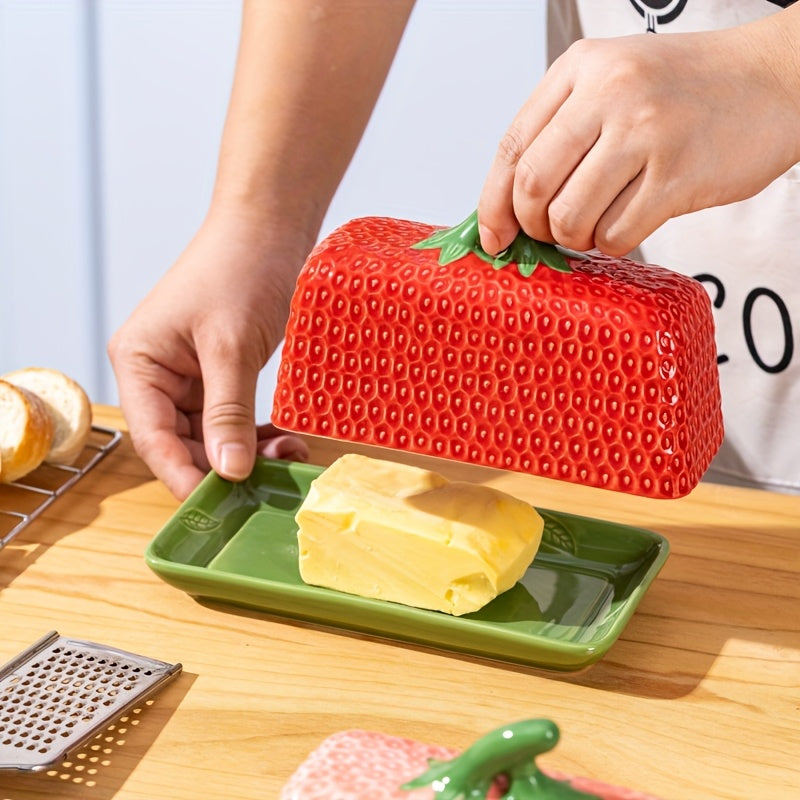 Sovere Ceramic Butter Dish with Lid, Strawberry Design for Fresh Butter Storage 3