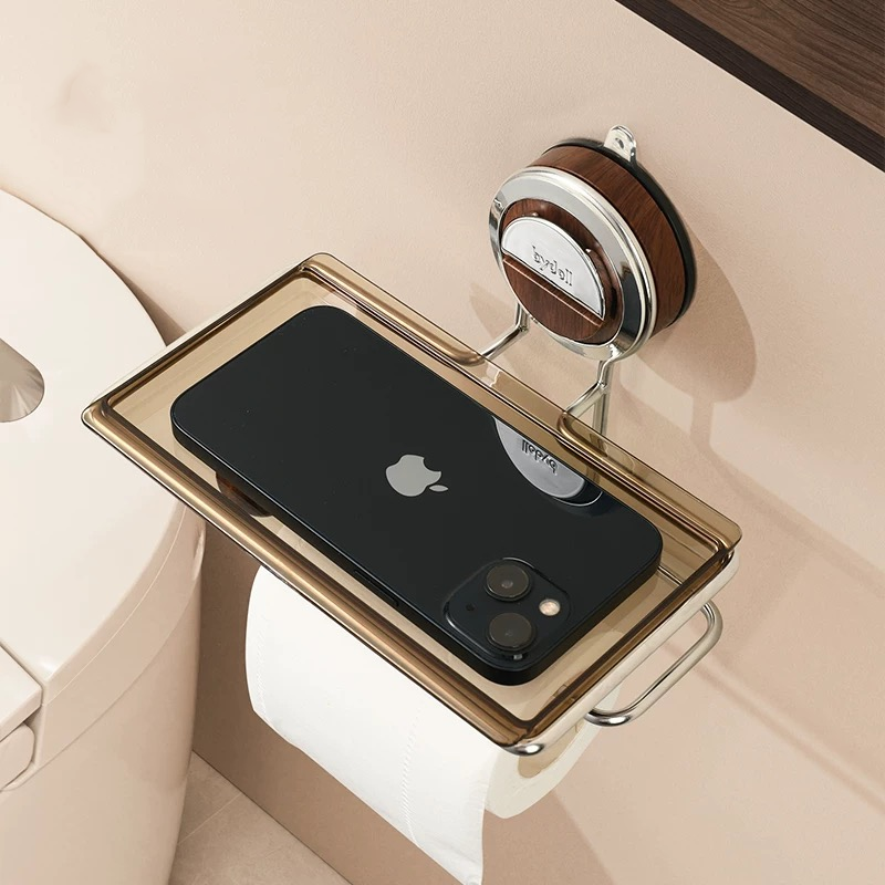 Sovere No-Drill Suction Toilet Paper Holder Stand with Wood-Grain Design and Stainless Steel Finish 3