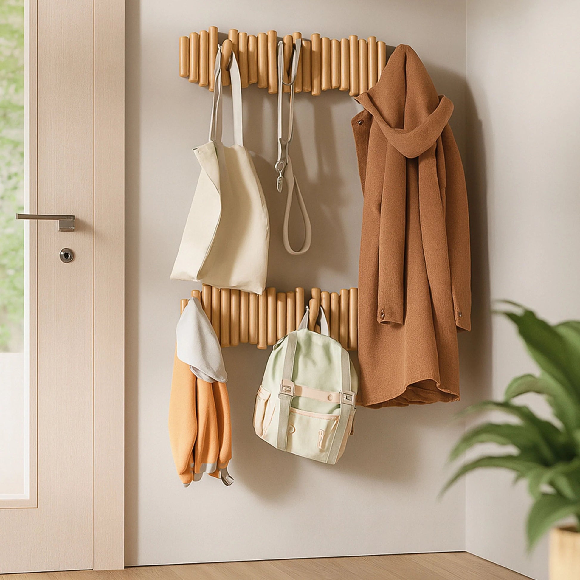 Sovere Wooden Wall Coat Rack with Fold-Down Hooks for Entryway Storage 5