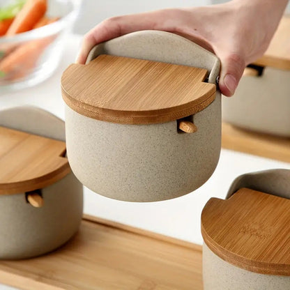 Spice Jar Ceramic Bamboo Lid 300ml with Spoon 6