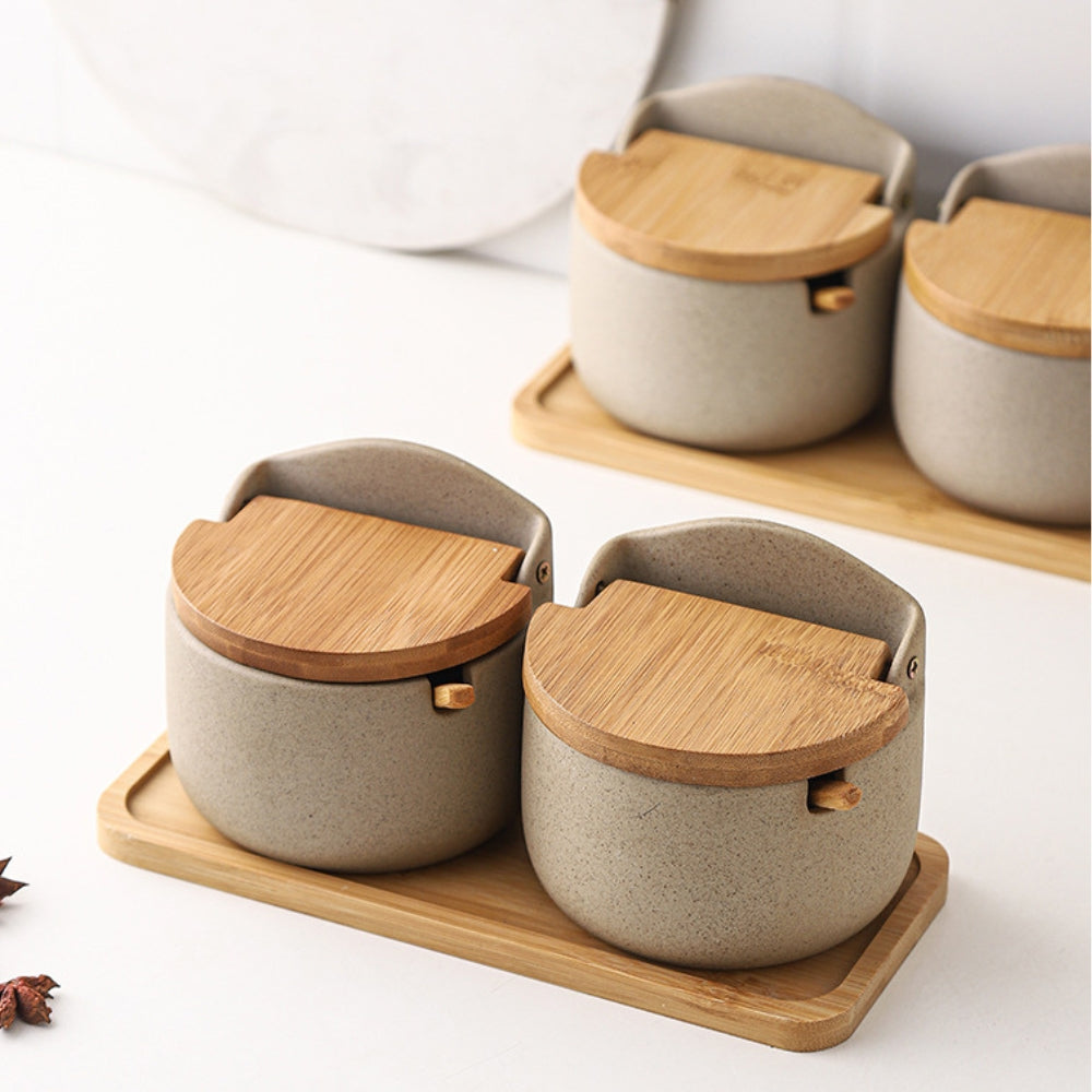 Spice Jar Ceramic Bamboo Lid 300ml with Spoon 7