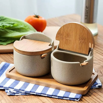 Spice Jar Ceramic Bamboo Lid 300ml with Spoon 8