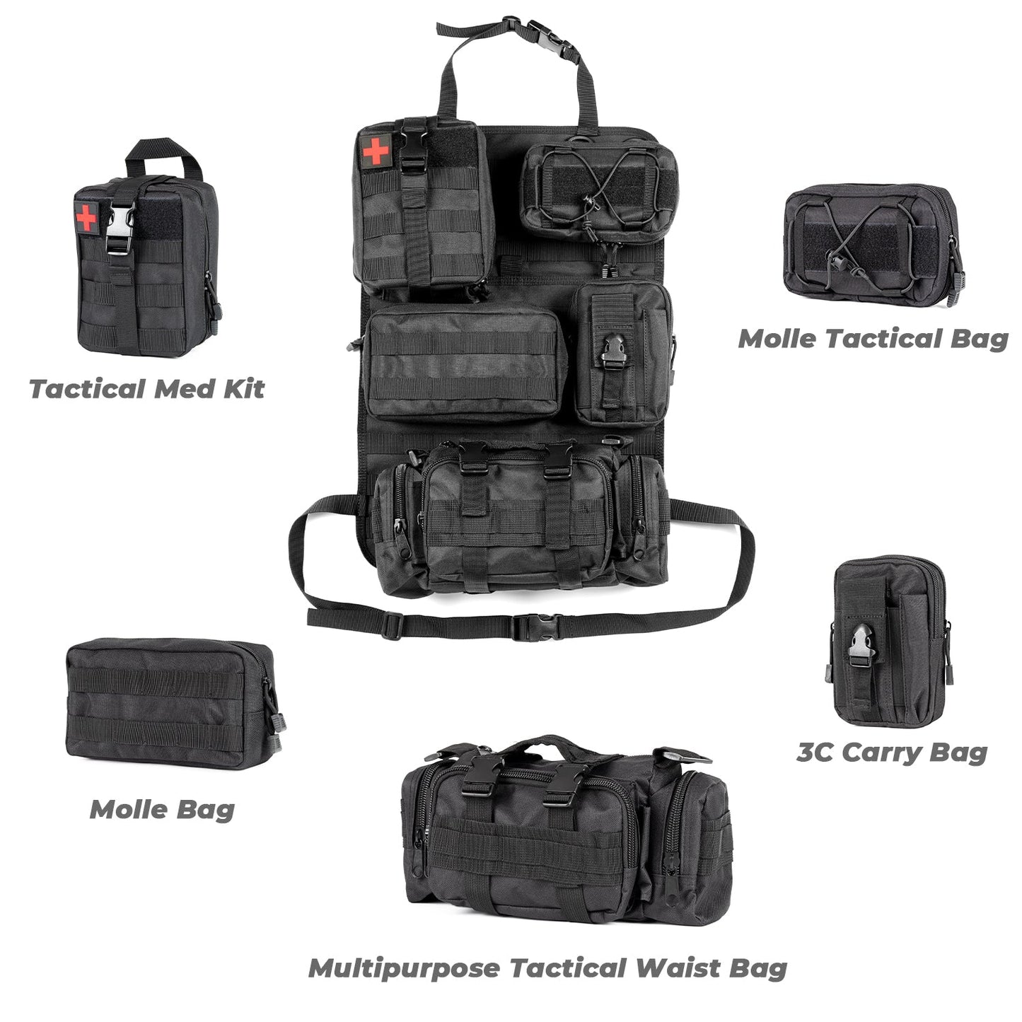 Tactical Car Seat Back Organizer | 5 Detachable MOLLE Pouches | Universal Fit | Black 3