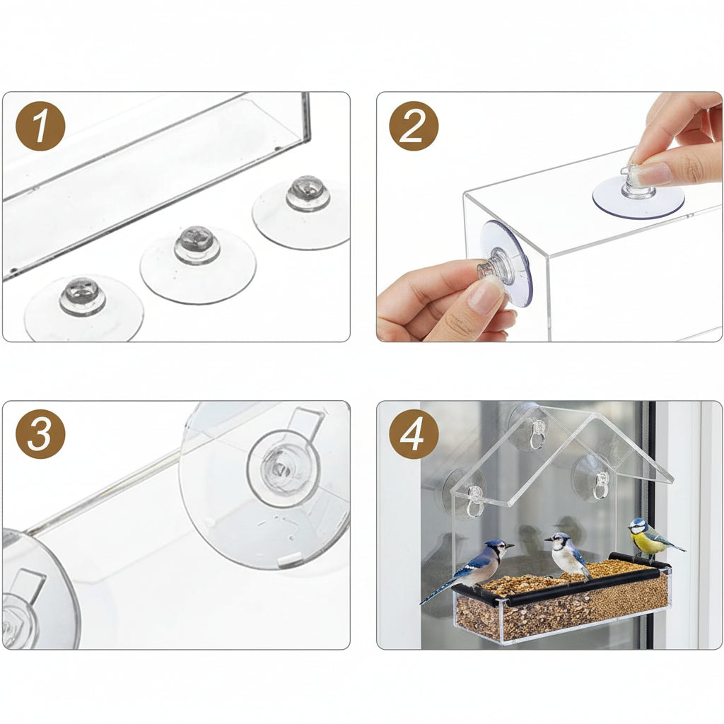 Transparent Acrylic Window Bird Feeder with Strong Suction Cups for Easy Viewing 2