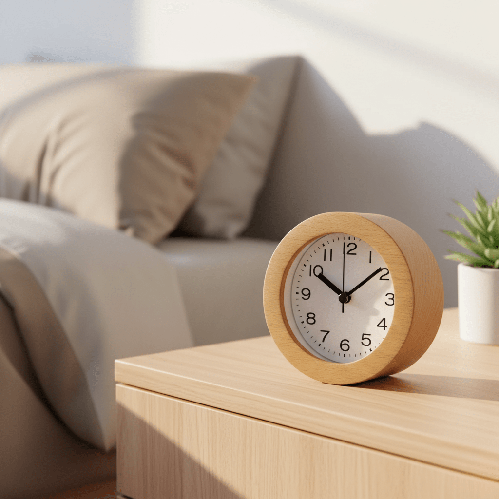 Wooden Alarm Clock Round Beech Wood Case, Analog Dial, 10 × 9.6 × 4.7 cm 0