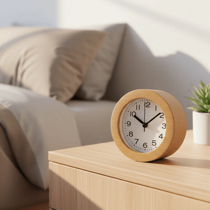 Wooden Alarm Clock Round Beech Wood Case, Analog Dial, 10 × 9.6 × 4.7 cm 0