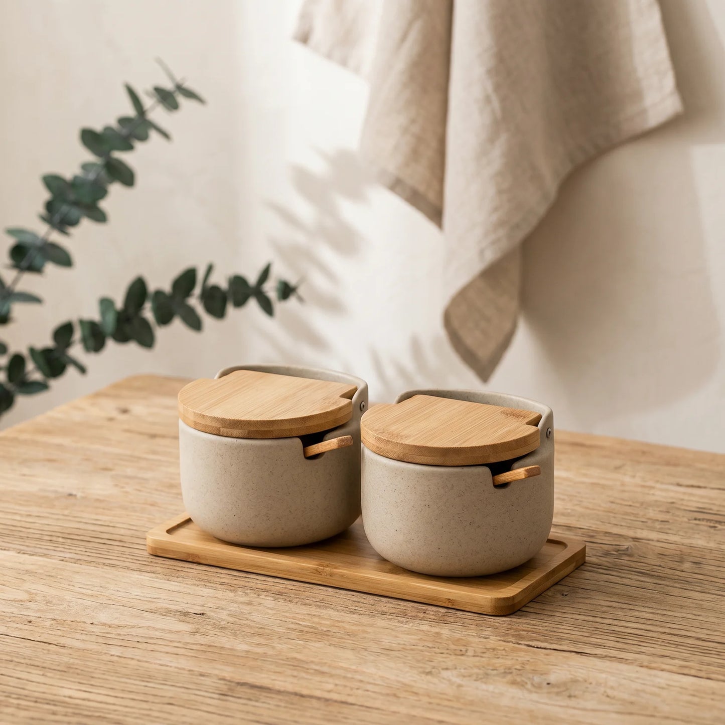 Royeva Ceramic Spice Jars with Bamboo Lid & Spoon, 300ml Kitchen Seasoning Container