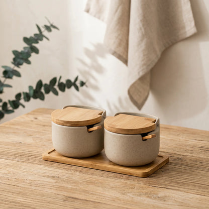 Royeva Ceramic Spice Jars with Bamboo Lid & Spoon, 300ml Kitchen Seasoning Container
