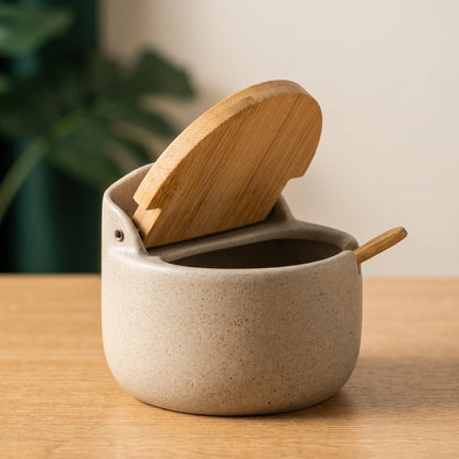 Royeva Ceramic Spice Jars with Bamboo Lid & Spoon, 300ml Kitchen Seasoning Container