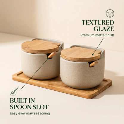 Royeva Ceramic Spice Jars with Bamboo Lid & Spoon, 300ml Kitchen Seasoning Container
