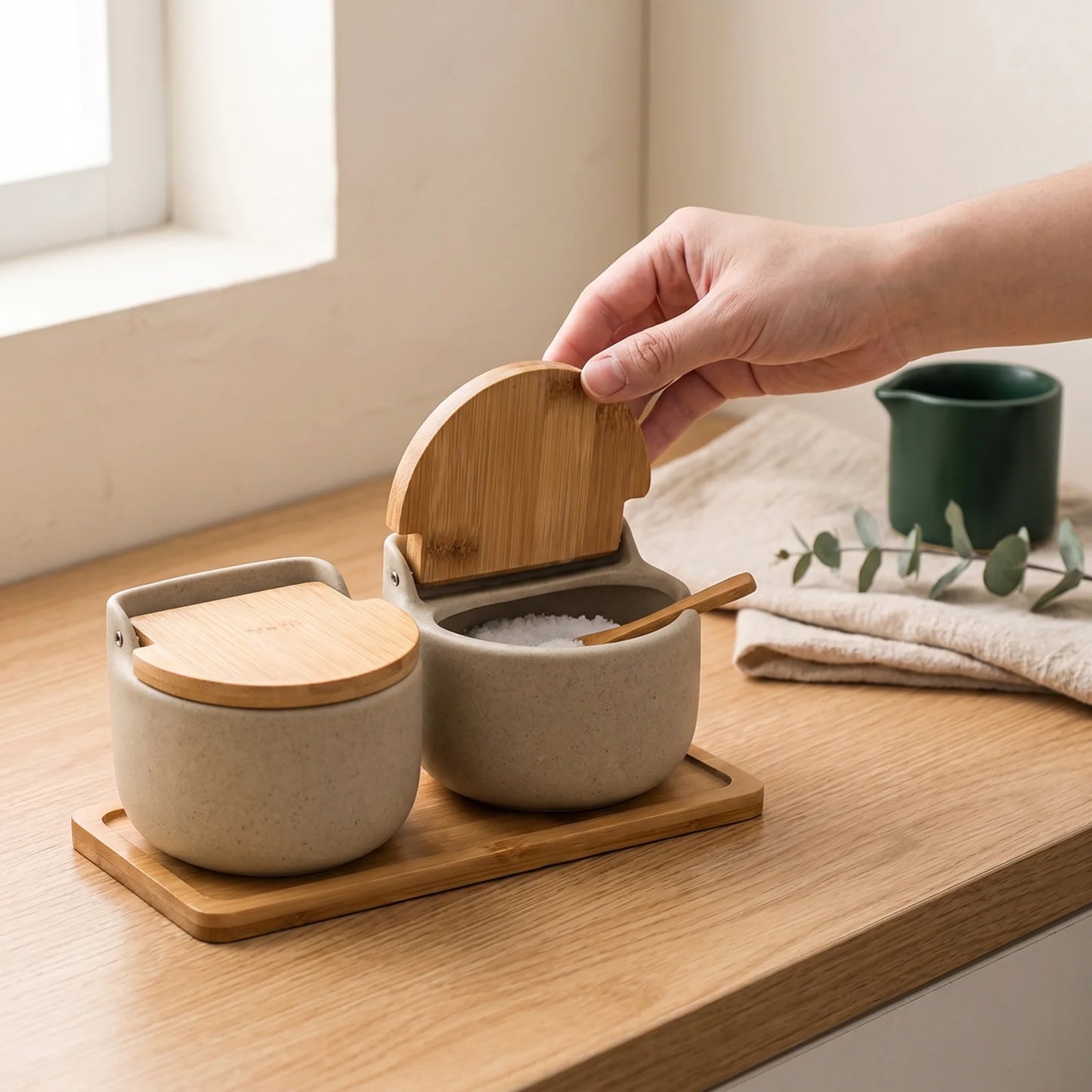 Royeva Ceramic Spice Jars with Bamboo Lid & Spoon, 300ml Kitchen Seasoning Container