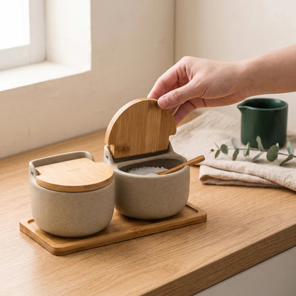 Royeva Ceramic Spice Jars with Bamboo Lid & Spoon, 300ml Kitchen Seasoning Container