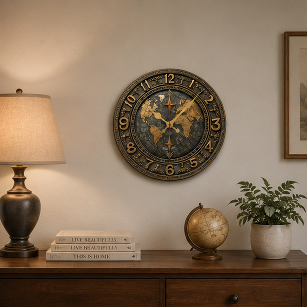 Eloria Vintage World Map Silent Wall Clock - Nautical Round Wood Decor