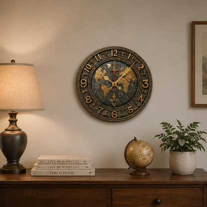 Eloria Vintage World Map Silent Wall Clock - Nautical Round Wood Decor