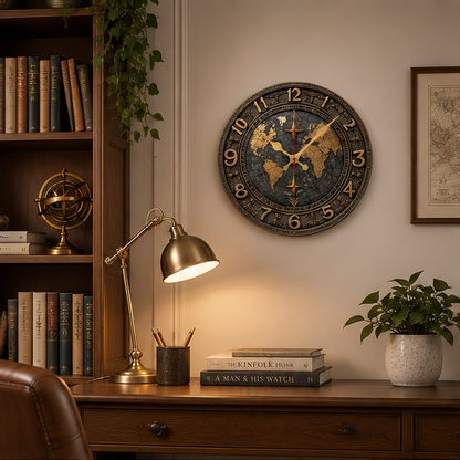Eloria Vintage World Map Silent Wall Clock - Nautical Round Wood Decor