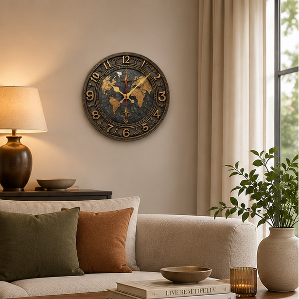 Eloria Vintage World Map Silent Wall Clock - Nautical Round Wood Decor