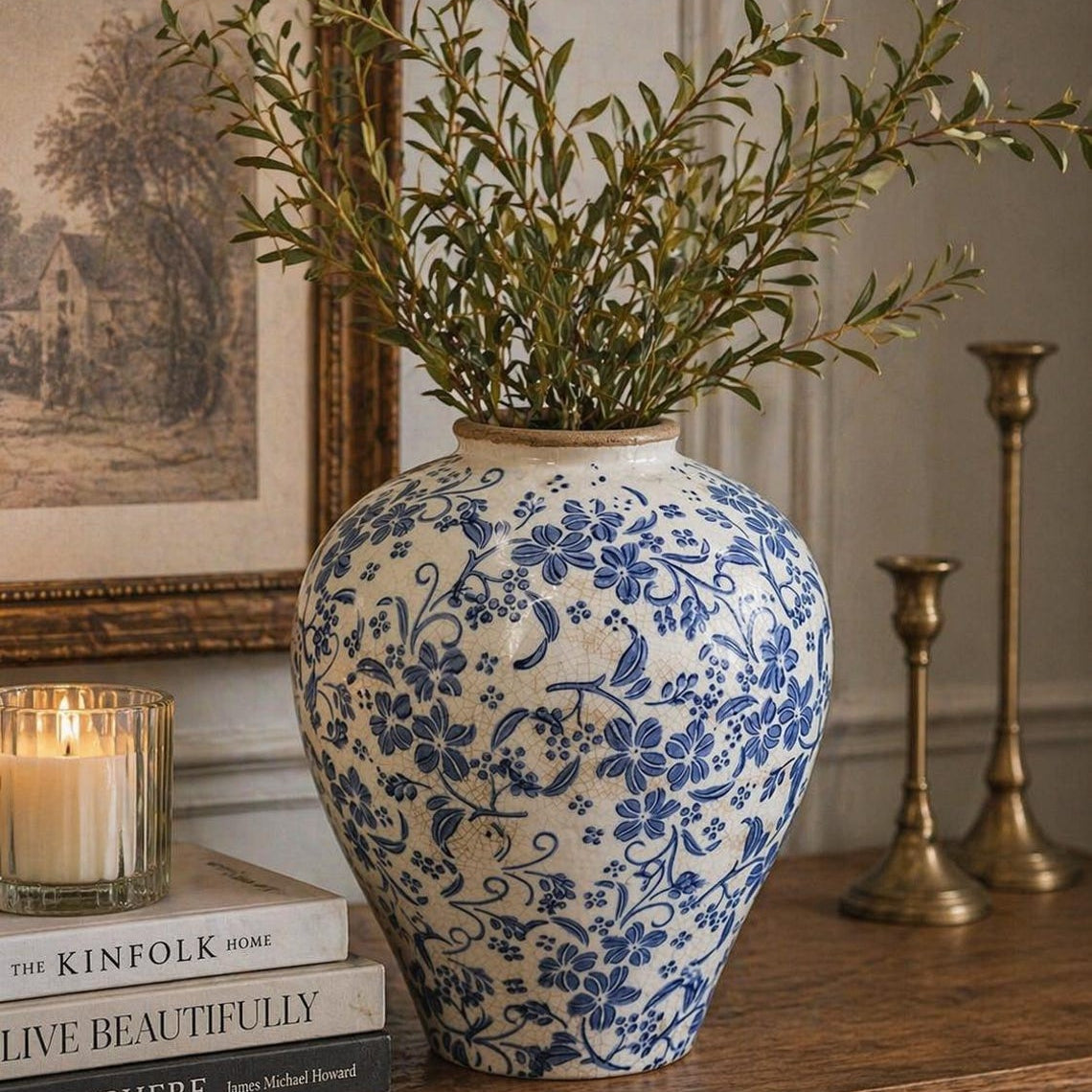 Novara Hand-Painted Blue & White Ceramic Floral Vase - Rustic Farmhouse Decor