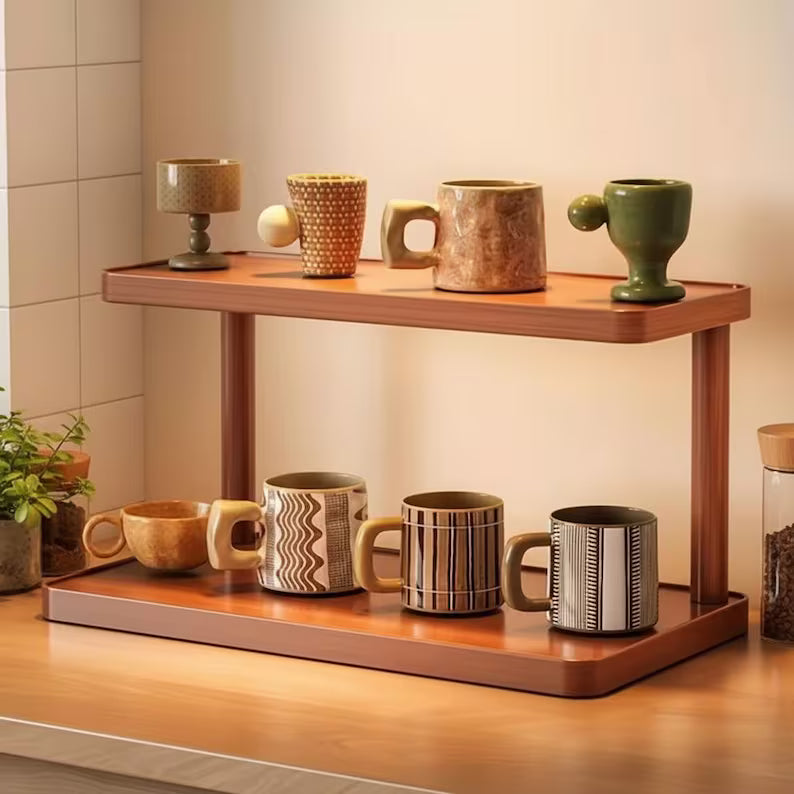 Royora 2-Tier Wood Countertop Organizer Shelf for Kitchen & Office 30cm Natural Finish