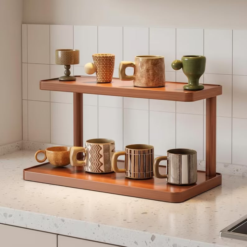 Royora 2-Tier Wood Countertop Organizer Shelf for Kitchen & Office 30cm Natural Finish