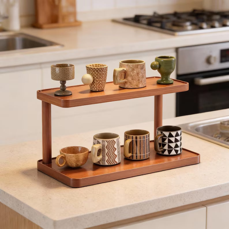 Royora 2-Tier Wood Countertop Organizer Shelf for Kitchen & Office 30cm Natural Finish